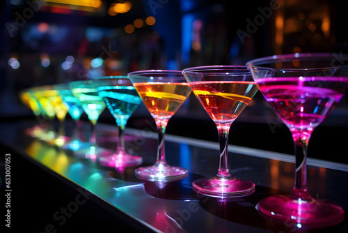 Illuminated Indulgence: Vibrant Cocktails Adorn Futuristic Bar for Nighttime Revelry