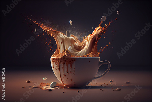 Cup of splashing coffee on black background. Free space for text