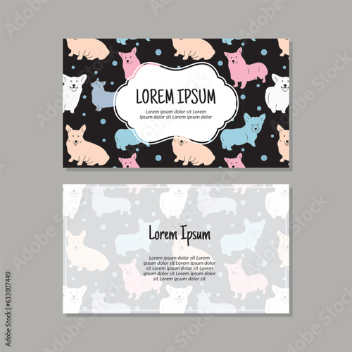 Business card template, cute puppies seamless pattern vector design. Double-sided creative business card template. Landscape orientation. Vector illustration.