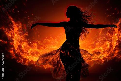 Woman silhouette dancing in vibrant flames. Generative AI