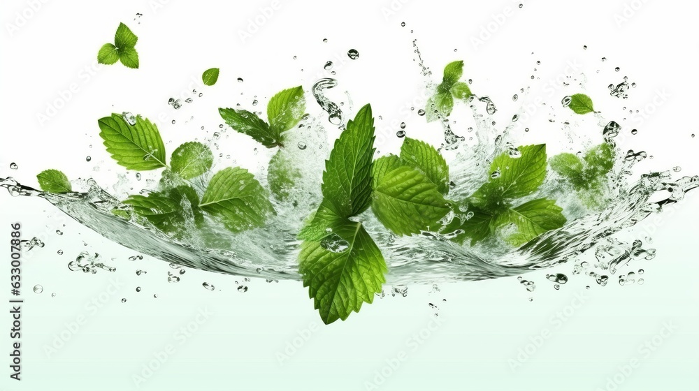Fresh mint leaves with water splash on white background Fresh mint leaves with water splash on white background
