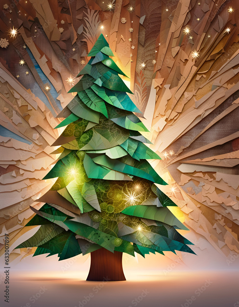 Arbre sapin de Noël en papier 3d, belle nature IA générative Stock