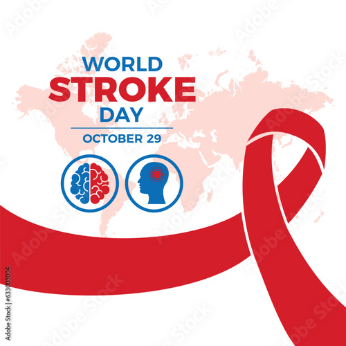 World Stroke Day poster vector illustration. Red awareness ribbon, human brain and head silhouette icon vector. October 29 every year. Important day