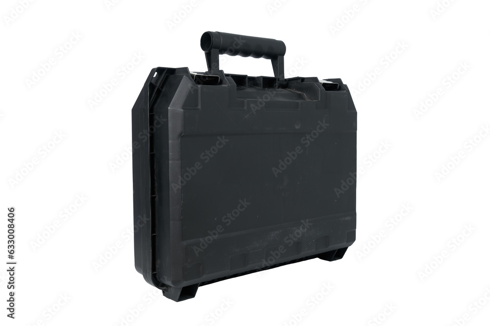 A black plastic driller case on a white isolated background A black plastic driller case on a white isolated background