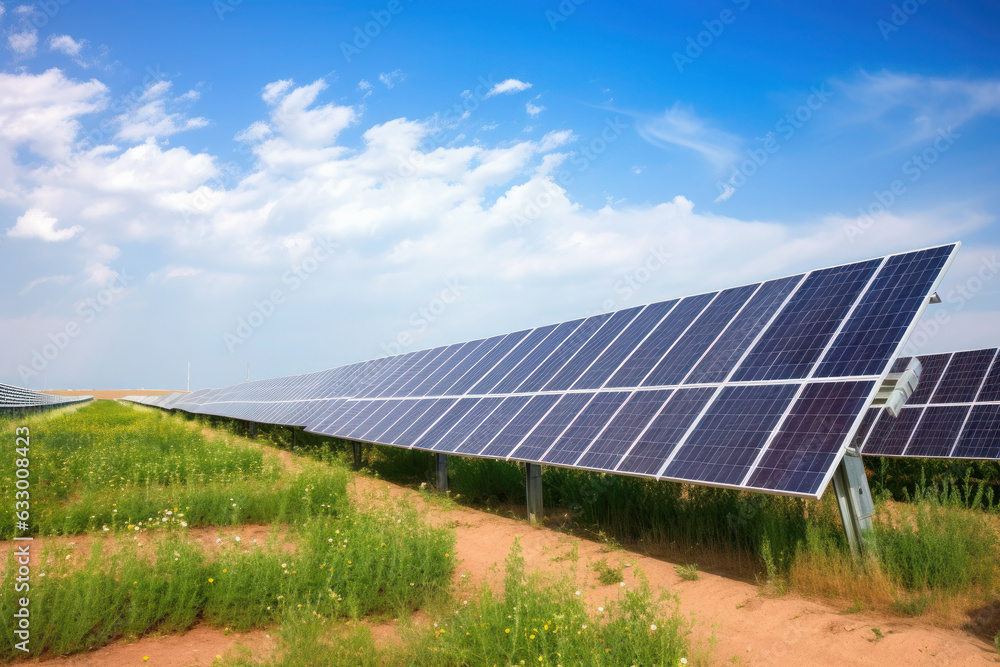 Solar panels on the sky background. Solar power plant. Blue solar panels. Alternative source of electricity. Solar farm. Solar panels on the sky background. Solar power plant. Blue solar panels. Alternative source of electricity. Solar farm.