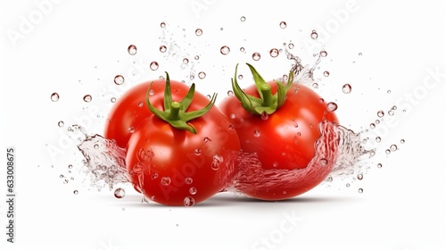 Fresh tomato with water splash on white background