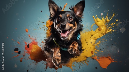 Photo of a dog with a colourful paint splashed background - created with Generative AI technology