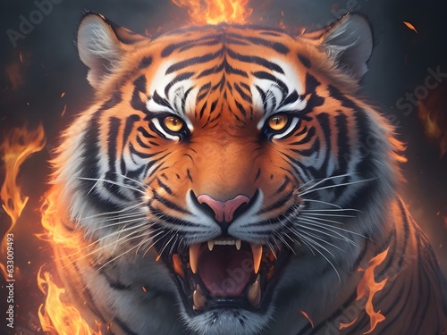 Captivating image of a tiger's face roaring amidst engulfing flames, portraying strength and intensity