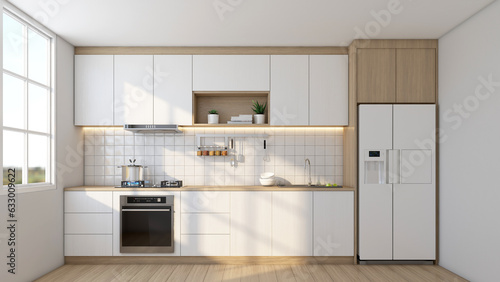 Modern japandi style kitchen room with minimalist built-in cabinet and kitchen appliances.3d rendering
