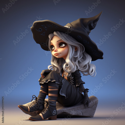 A beautiful witch in 3D cartoon style, carefreely gazing