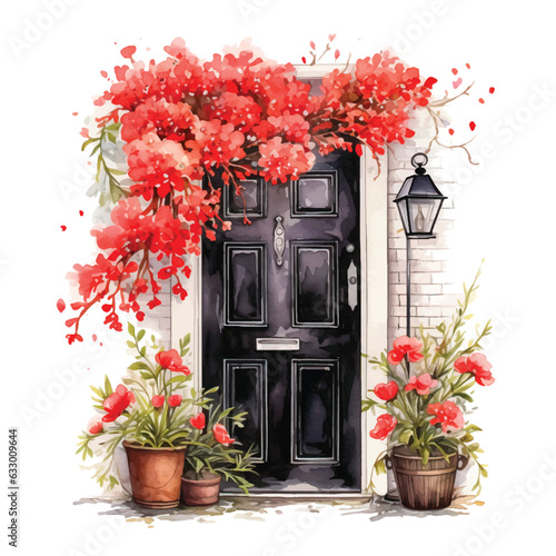 House door surrounded by flowers and vase in front of it vector watercolor paint