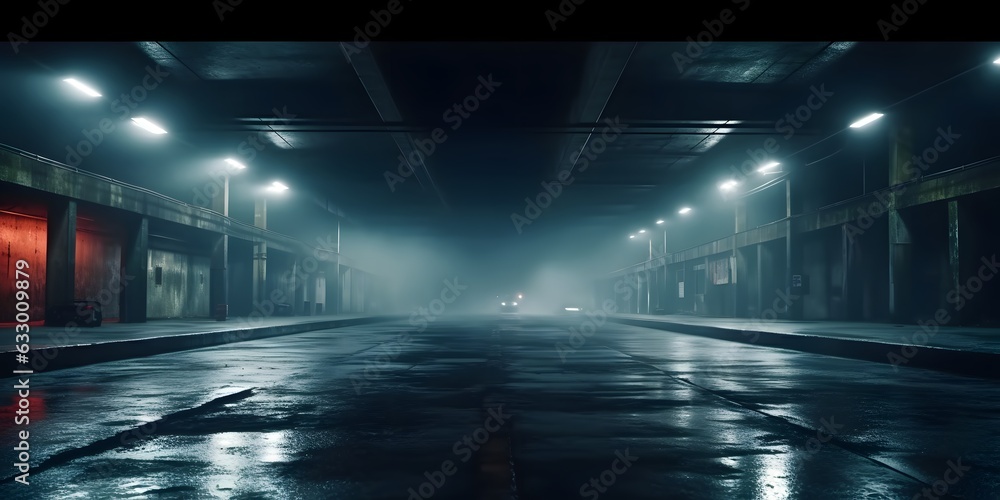 Midnight basement parking area or underpass alley. Wet, hazy asphalt with lights on sidewalls. crime, midnight activity concept. generative AI.