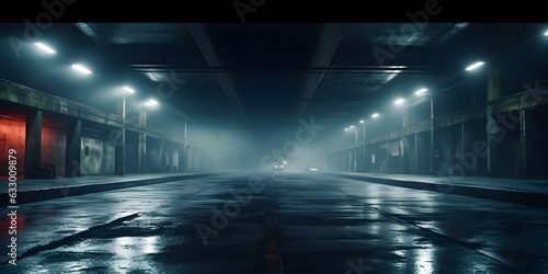 Midnight basement parking area or underpass alley. Wet, hazy asphalt with lights on sidewalls. crime, midnight activity concept. generative AI.