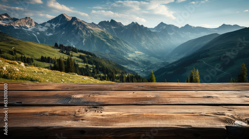 Wooden table with mountain views background. Generative AI