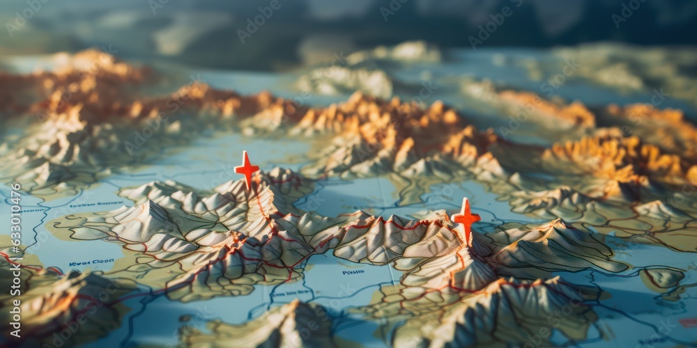 Pins on a geographic map curved like mountains. Pinning a location on a