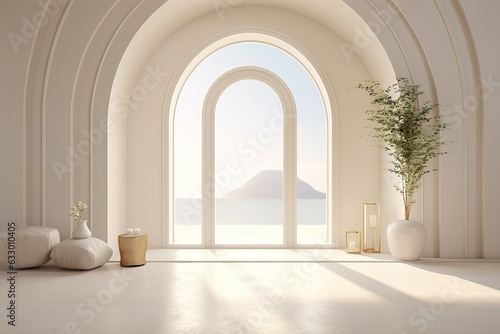 Luxury Interior Design of a Living Room with a Huge Door near the Ocean, view of an island. Generative AI. 