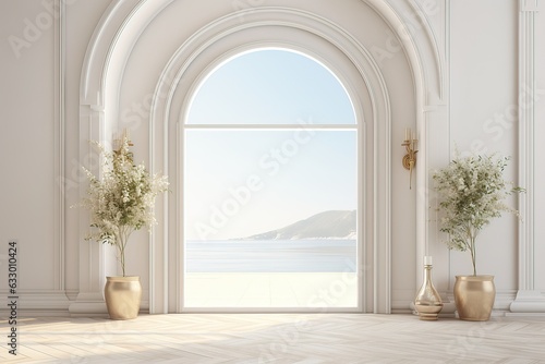 Luxury Interior Design of a Living Room with a Huge Door near the Ocean, view of an island. Generative AI.  © Boss