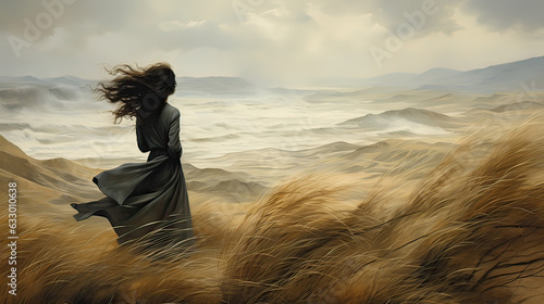 Whispers of the Wind, person standing on a windswept beach or mountaintop, conveying the power of nature and its ability to inspire AI generative