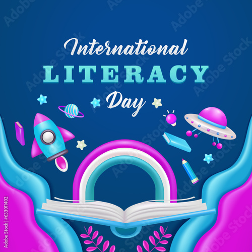 International Literacy Day. A 3d vector open book with elements of the universe, rainbow, rocket, stars, planets, ufo, books and lights. Suitable for education