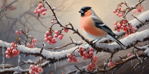 A bunch of mountain ash in winter on the snow. Winter photography. Bullfinch on a branch. Generative AI © 22_monkeyzzz
