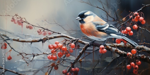 A bunch of mountain ash in winter on the snow. Winter photography. Bullfinch on a branch. Generative AI © 22_monkeyzzz