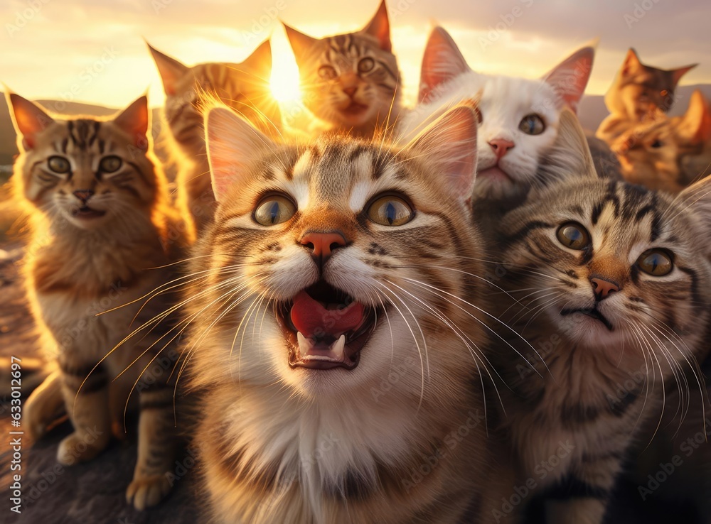 Several cats take a group selfie