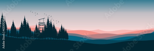 morning mountain view scenery panorama with pine tree silhouette vector illustration good for wallpaper  backdrop  background  web banner  and design template