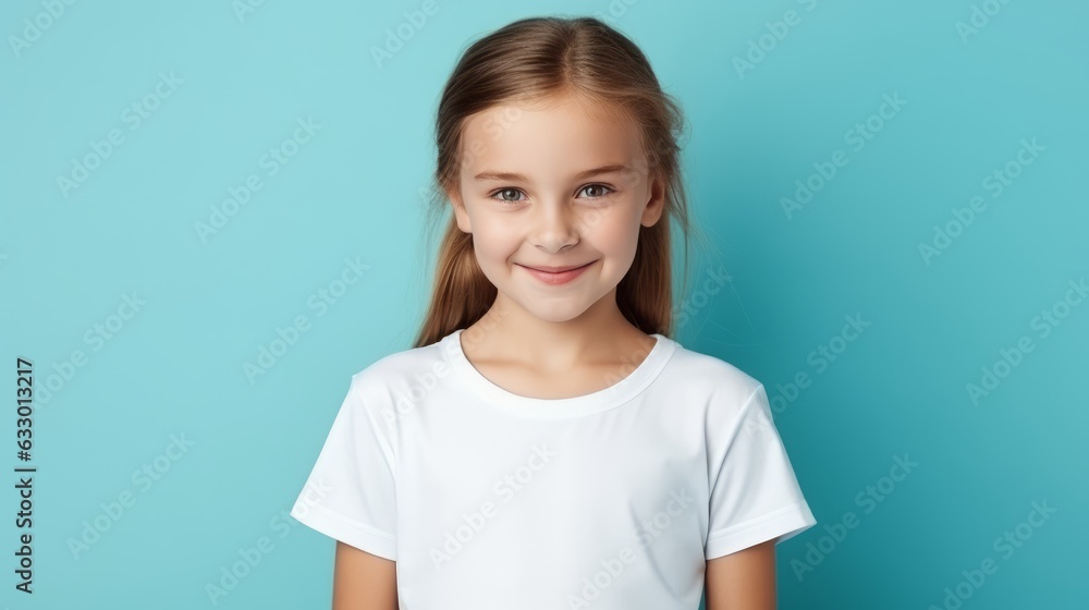 centered portrait view of a cute female child wearing a black blank t-shirt with a cyan background mockup centered portrait view of a cute female child wearing a black blank t-shirt with a cyan background mockup