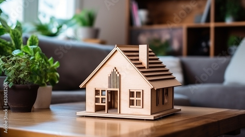 Generative AI, model of a toy wooden house against the background of a modern living room, cozy home, childhood, game, architecture