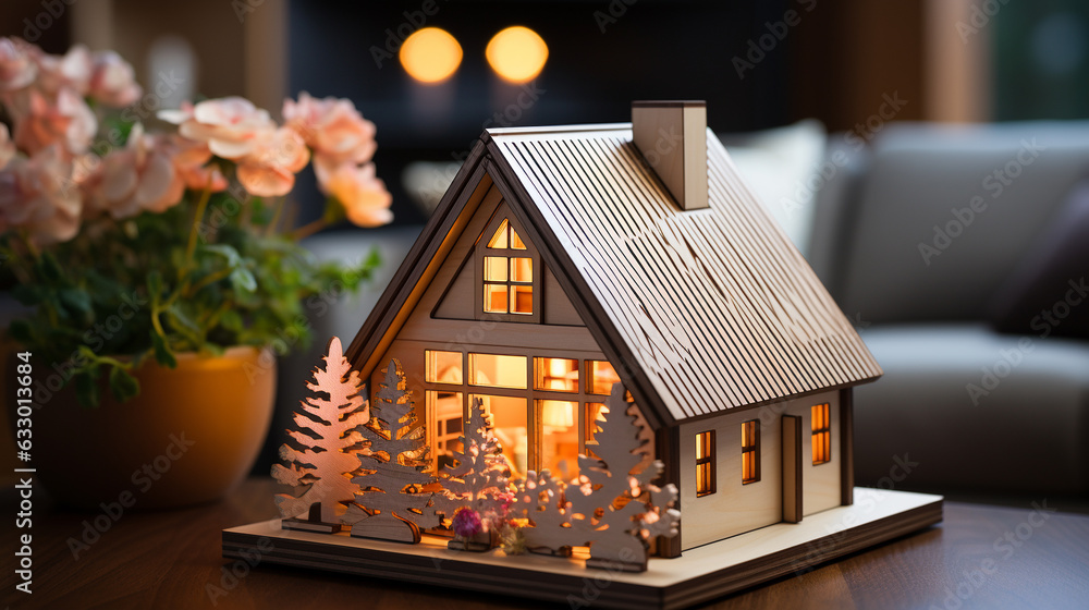 Generative AI, model of a toy wooden house against the background of a modern living room, cozy home, childhood, game, architecture Generative AI, model of a toy wooden house against the background of a modern living room, cozy home, childhood, game, architecture