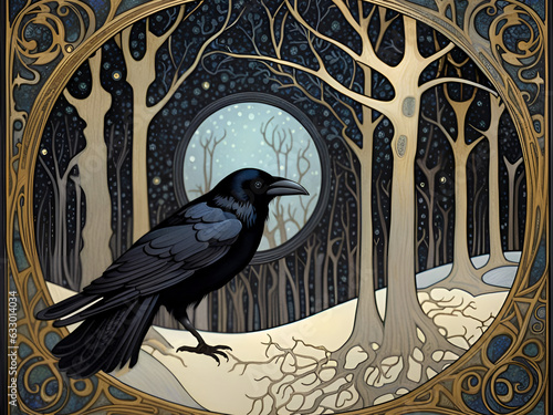 Decorative art nouveau illustration of a crow in profile in snowy winter forest photo