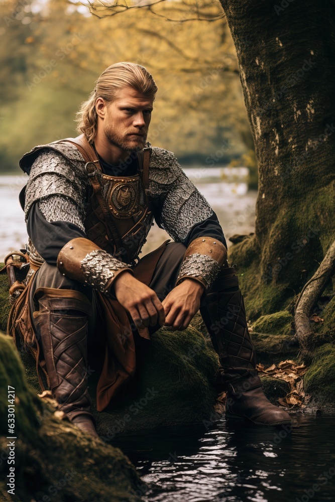 A Big Viking Resting near a Lake after Fighting.