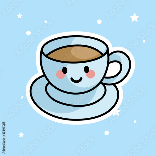 Cute Kawaii Coffee is isolated on a blue background. Vector - Illustration.