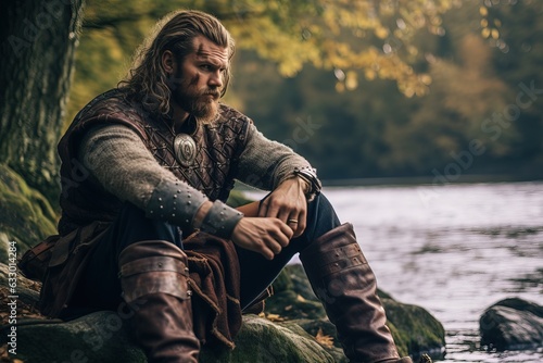 A Big Viking Resting near a Lake after Fighting.