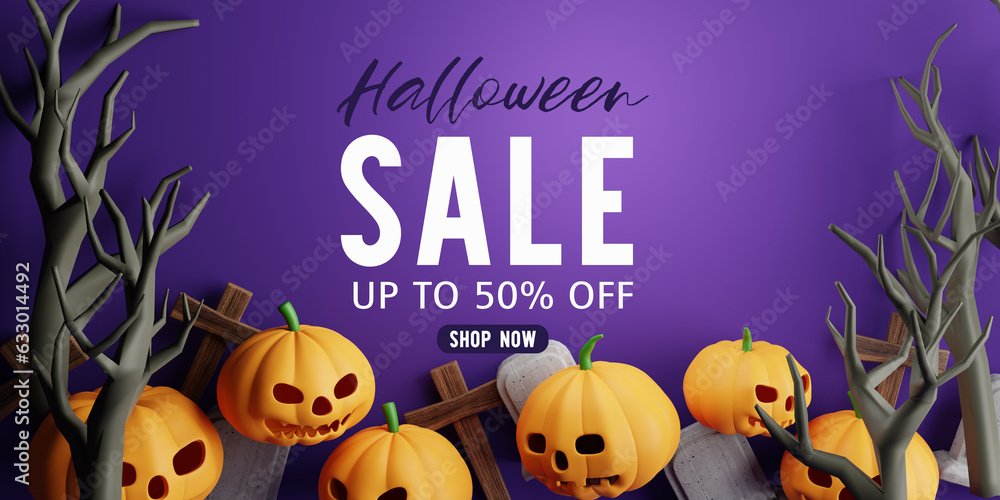 3d Rendering. Halloween sale message with pumpkin,crucifix, skull, grave on a purple background. dry trees in the cemetery 3d Rendering. Halloween sale message with pumpkin,crucifix, skull, grave on a purple background. dry trees in the cemetery