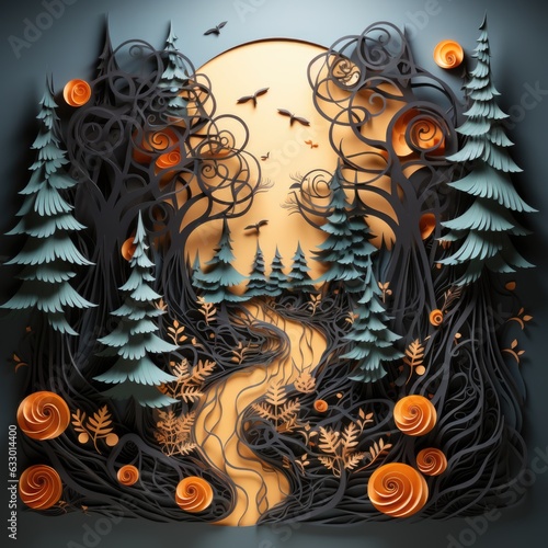 halloween background, paper craft style. night halloween paper art background.  photo