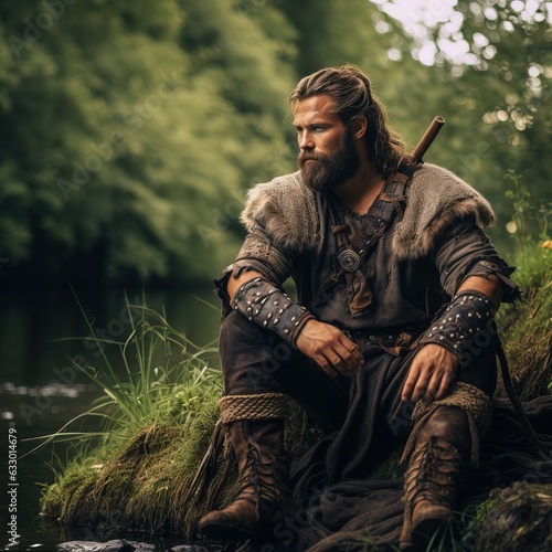 A Big Viking Resting near a Lake after Fighting.