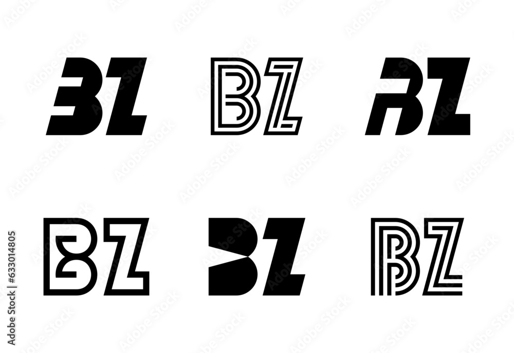 Set of letter BZ logos. Abstract logos collection with letters. Geometrical abstract logos Set of letter BZ logos. Abstract logos collection with letters. Geometrical abstract logos