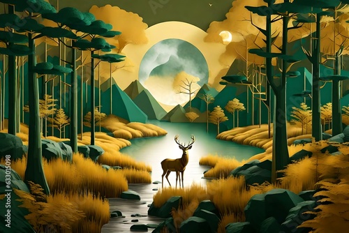 Fototapeta Naklejka Na Ścianę i Meble -  A mesmerizing 3D abstraction of a modern and creative interior mural wall art. The wallpaper features a serene forest scene in dark green and golden hues. Majestic deer gracefully roam amidst the tree