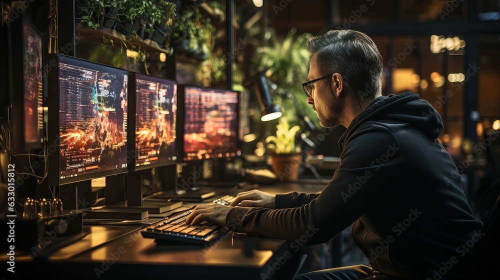 A male IT specialist sits in front of monitors with many lights. Profession of a developer or tester of the future. Illustration on the theme of working from home at the computer.