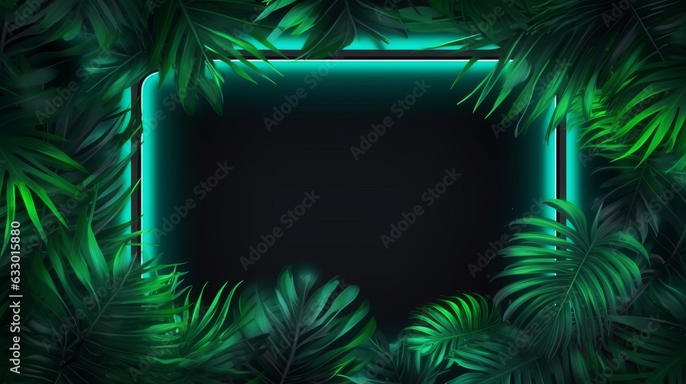 Illustration of a neon frame surrounded by green tropical leaves