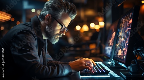 A male IT specialist sits in front of monitors with many lights. Profession of a developer or tester of the future. Illustration on the theme of working from home at the computer.