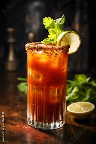 bloody mary tomato juice cocktail in morning sunshine with surrounding ingredients © Ricky