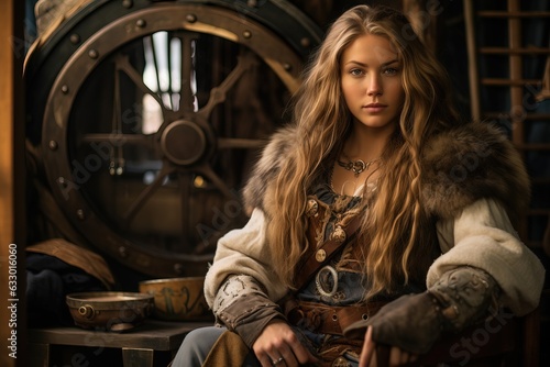 Vikings, Beautiful Woman dressed with Medieval Clothes, Long Hair.