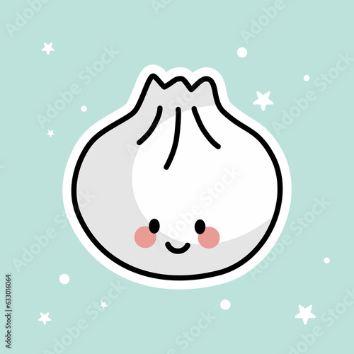 Cute Kawaii Steamed Dumplings is isolated on a green background. Vector - Illustration.