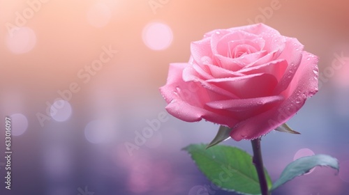 Pink rose flower banner with blurred boca photo effect background. Space for text. Template for mock up. Generative AI 