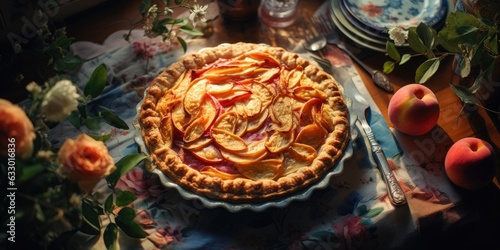 Peach pie. Appetizing pie close-up. apples, fruits. Generative AI