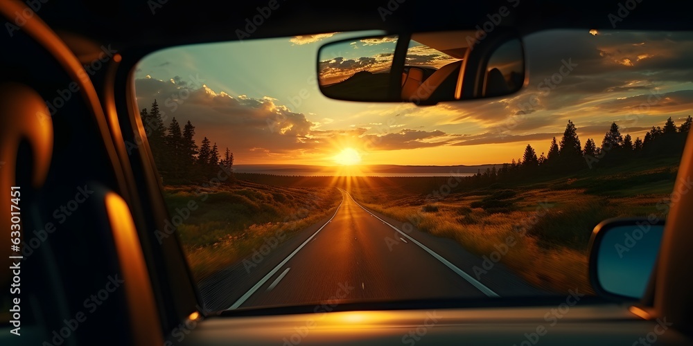 sunset in the rear view of the car, generative AI