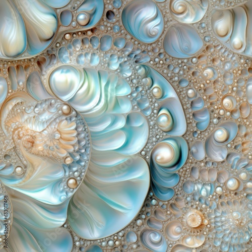 Seamless texture of Pearlescent ocean ammonite, soft pastel color shades, abstract fossil pattern, macro closeup fractal details, seashell mollusk spirals - generative ai