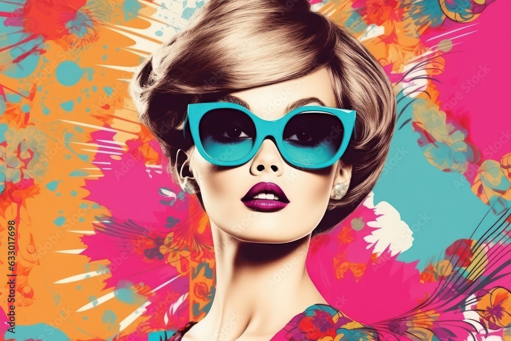 Beautiful woman wearing glasses. 60s retro style pop art collage background. Retro print style. Generative Ai. Beautiful woman wearing glasses. 60s retro style pop art collage background. Retro print style. Generative Ai.